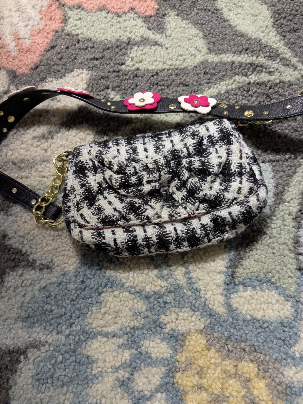 Betsy Johnson Tweed Black and White Crossbody Bag with Floral Strap